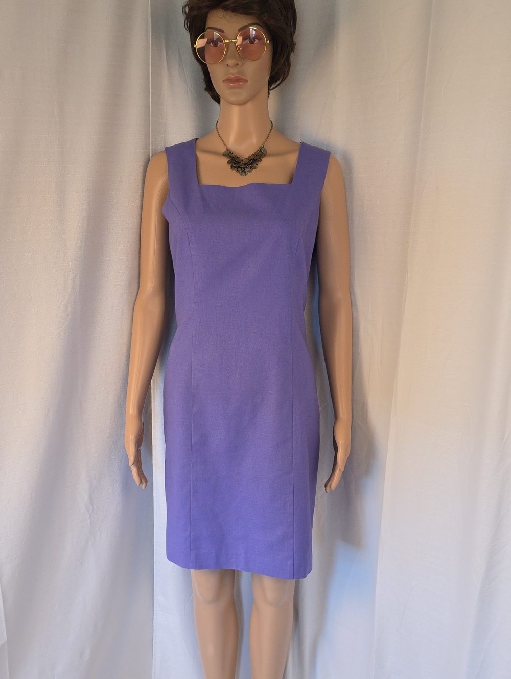 Chadwick's Sleeveless Purple Linen and Cotton Square-Neck Sheath Dress Size 8P